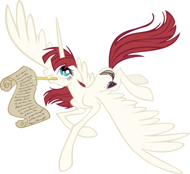 Size: 4222x3870 | Tagged: dead source, safe, artist:draikjack, artist:lauren faust, derpibooru import, oc, oc:fausticorn, unofficial characters only, alicorn, pony, alicorn oc, female, lauren faust, mare, mouth hold, pencil, photoshop, scroll, simple background, solo, transparent background