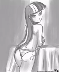 Size: 671x813 | Tagged: artist:johnjoseco, ass, clothes, derpibooru import, female, grayscale, human, humanized, lingerie, monochrome, nudity, panties, solo, solo female, suggestive, topless, twilight sparkle, underwear