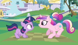 Size: 250x145 | Tagged: a canterlot wedding, animated, cute, cutedance, derpibooru import, eye contact, filly, gif, gif for breezies, jumping, picture for breezies, prancing, princess cadance, safe, screencap, singing, smiling, sunshine sunshine, talking, teen princess cadance, twiabetes, twilight sparkle, younger