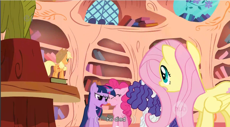 Size: 857x475 | Tagged: appletini, book, bridle gossip, caption, derpibooru import, edit, edited screencap, ei, flutterguy, fluttershy, golden oaks library, hairity, hub logo, implied death, micro, pinkie pie, rarity, safe, screencap, spitty pie, twilight flopple, twilight sparkle, youtube caption