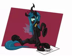 Size: 840x659 | Tagged: dead source, safe, artist:nikkuwalkanov, derpibooru import, queen chrysalis, changeling, changeling queen, abstract background, drawing, female, image, jpeg, mouth hold, pencil, solo, tongue out, underhoof