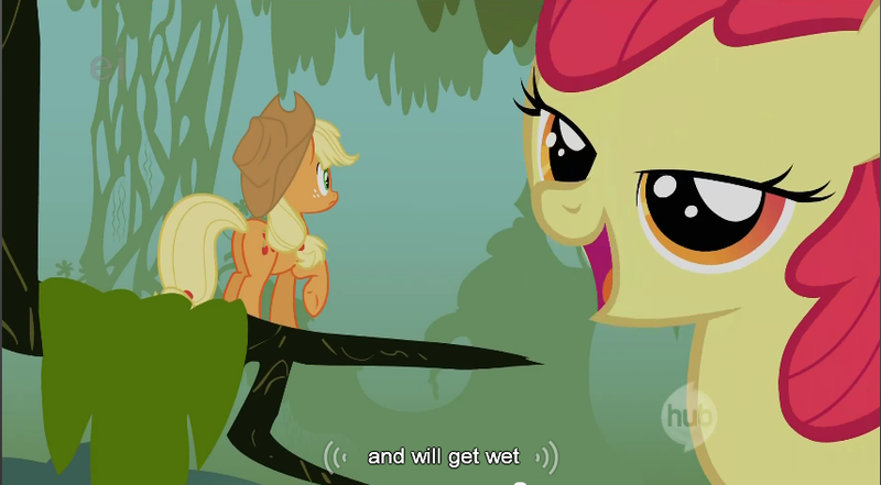 Size: 857x472 | Tagged: apple bloom, applejack, appletini, bedroom eyes, bridle gossip, caption, derpibooru import, edit, edited screencap, ei, hub logo, micro, open mouth, safe, screencap, worried, youtube caption