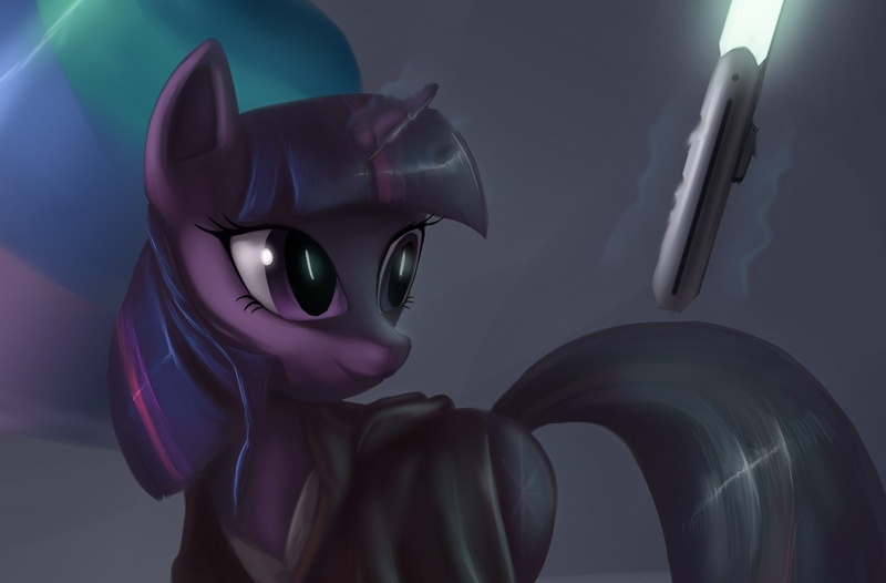 Size: 1168x768 | Tagged: dead source, safe, artist:raikoh, derpibooru import, princess celestia, twilight sparkle, alicorn, pony, unicorn, clothes, cropped, crossover, female, lightsaber, magic, mare, photoshop, robe, solo focus, star wars, weapon