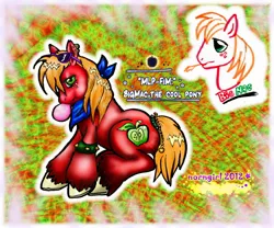 Size: 1442x1201 | Tagged: safe, artist:norngirl, derpibooru import, big macintosh, earth pony, pony, abstract background, bubblegum, bust, food, gum, male, stallion, straw in mouth, unshorn fetlocks