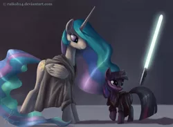 Size: 1496x1102 | Tagged: safe, artist:raikoh, derpibooru import, princess celestia, twilight sparkle, alicorn, pony, unicorn, clothes, crossover, female, jedi, lightsaber, magic, mare, photoshop, robe, star wars