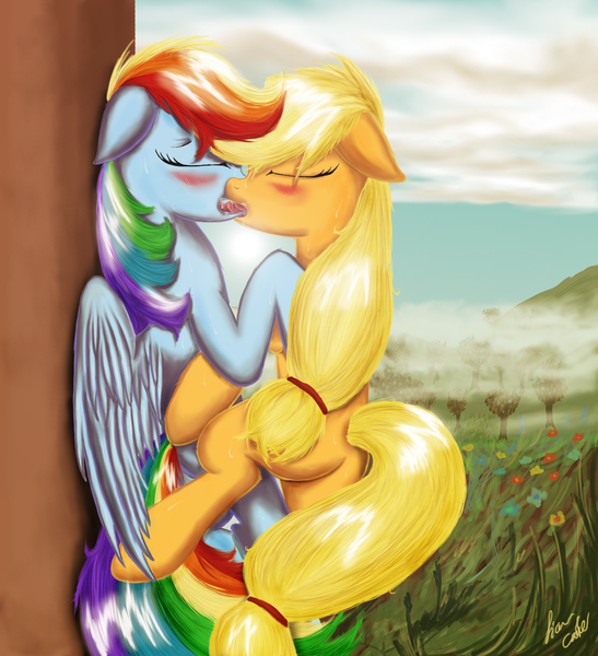 Size: 1250x1370 | Tagged: questionable, artist:leyanor, derpibooru import, applejack, rainbow dash, appledash, drool, female, french kiss, kissing, lesbian, shipping, sloppy kissing