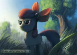 Size: 700x500 | Tagged: dead source, safe, artist:raikoh, derpibooru import, apple bloom, earth pony, pony, female, filly, grass, photoshop, serious face, solo, tree