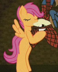 Size: 2480x3072 | Tagged: artist:ningadash, derpibooru import, featherweight, female, high res, kissing, male, parody, safe, scootaloo, scootaweight, shipping, spidercolt, spider-man, straight, upside down kiss