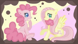 Size: 1449x828 | Tagged: dead source, safe, artist:arastane-siryphia, derpibooru import, fluttershy, pinkie pie, earth pony, pegasus, pony, cotton candy, duo, female, mare, mouth hold, raised hoof, sitting, smiling, spread wings, wings