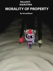 Size: 1299x1733 | Tagged: derpibooru import, fallout equestria, fallout equestria: morality of property, goggles, looking at you, looking up, nightstalker, oc, oc:coin slot, perspective, pet, safe, title, unofficial characters only
