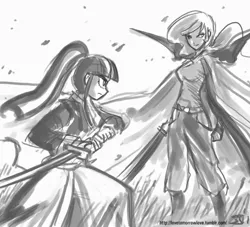 Size: 1000x909 | Tagged: artist:johnjoseco, crossover, derpibooru import, grayscale, human, humanized, kenshin himura, monochrome, princess celestia, rurouni kenshin, safe, sword, twilight sparkle