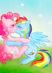 Size: 500x700 | Tagged: safe, artist:kiwie, derpibooru import, pinkie pie, rainbow dash, female, kissing, lesbian, pinkiedash, shipping