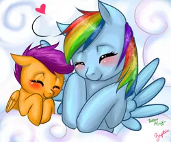 Size: 1024x853 | Tagged: safe, artist:zepten, derpibooru import, rainbow dash, scootaloo, pegasus, pony, eyes closed, female, filly, heart, mare, scootalove
