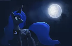 Size: 1425x908 | Tagged: safe, artist:raikoh, derpibooru import, princess luna, alicorn, pony, female, looking back, mare, moon, night, smiling, solo