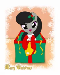 Size: 950x1200 | Tagged: safe, artist:jdan-s, derpibooru import, octavia melody, pony, box, christmas, clothes, cute, holly, leaning, looking at you, open mouth, pony in a box, present, smiling, socks, solo, tavibetes