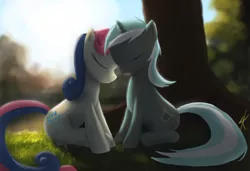 Size: 1024x700 | Tagged: safe, artist:raikoh, derpibooru import, bon bon, lyra heartstrings, sweetie drops, earth pony, pony, unicorn, backlighting, eyes closed, female, lesbian, lyrabon, mare, shipping, sitting, tree