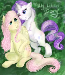Size: 787x900 | Tagged: safe, artist:donenaya, derpibooru import, fluttershy, rarity, pegasus, pony, unicorn, abstract background, bipedal, female, flarity, lesbian, looking at each other, mare, one eye closed, shipping, sitting, smiling, wink