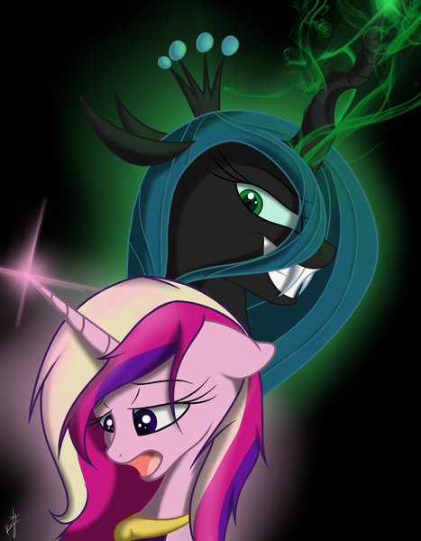 Size: 1050x1350 | Tagged: safe, artist:kyroking, derpibooru import, princess cadance, queen chrysalis, alicorn, changeling, changeling queen, pony, black background, bust, duo, female, floppy ears, frown, grin, image, looking down, mare, no teeth, open mouth, png, portrait, signature, simple background, smiling