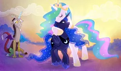 Size: 1018x596 | Tagged: artist:saphamia, derpibooru import, discord, hug, princess celestia, princess luna, sad, safe