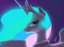 Size: 1120x829 | Tagged: dead source, safe, artist:raikoh, derpibooru import, princess celestia, alicorn, pony, bust, female, glow, glowing mane, mare, photoshop, portrait, profile, solo