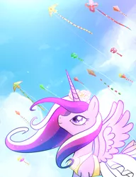 Size: 1000x1300 | Tagged: safe, artist:madmax, derpibooru import, princess cadance, alicorn, pony, clothes, dress, female, kite, mare, solo