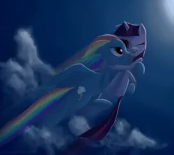Size: 1480x1315 | Tagged: safe, artist:raikoh, derpibooru import, rainbow dash, twilight sparkle, pegasus, pony, unicorn, bridal carry, carrying, cloud, cloudy, female, flying, lesbian, mare, moon, night, open mouth, paint tool sai, shipping, sky, twidash