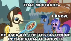 Size: 490x285 | Tagged: safe, derpibooru import, edit, edited screencap, screencap, ace, ace point, blues, noteworthy, sea swirl, seafoam, pony, call of the cutie, caption, clothes, dialogue, female, image macro, male, mare, stallion