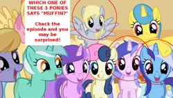 Size: 1280x720 | Tagged: safe, derpibooru import, edit, edited screencap, screencap, amethyst star, bon bon, cloud kicker, derpy hooves, dizzy twister, lemon hearts, lyra heartstrings, minuette, orange swirl, sea swirl, seafoam, sweetie drops, pegasus, pony, applebuck season, female, mare, meta, muffin