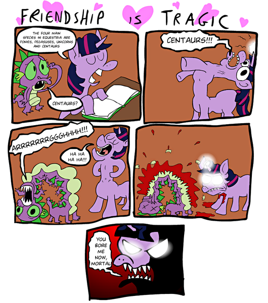 Size: 913x1033 | Tagged: grimdark, artist:eggheadcheesybird, derpibooru import, spike, twilight sparkle, centaur, dragon, pony, taur, unicorn, comic:friendship is tragic (eggheadcheesybird), abuse, blood, book, centaur twilight, comic, confused, death, eyes closed, female, frown, glare, glowing eyes, magic, male, mare, murder, open mouth, ponytaur, poor spike, rip spike, sharp teeth, smiling, so bad it's good, spike the taur, spikeabuse, wat, wide eyes, x eyes