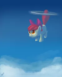 Size: 1120x1400 | Tagged: dead source, safe, artist:raikoh, derpibooru import, apple bloom, earth pony, pony, applecopter, female, filly, flying, loop-de-hoop, photoshop, sky, solo, tailcopter