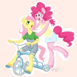 Size: 675x678 | Tagged: source needed, useless source url, safe, artist:cartoonlion, derpibooru import, fluttershy, pinkie pie, anthro, earth pony, pegasus, unguligrade anthro, child, clothes, dungarees, female, flutterpie, foal, hooves, lesbian, shipping, skirt, tanktop, tricycle, unshorn fetlocks, wingless, wingless anthro