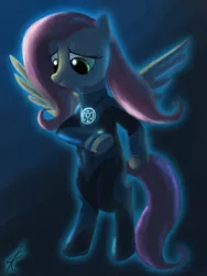 Size: 780x1040 | Tagged: safe, artist:raikoh, derpibooru import, fluttershy, pegasus, pony, semi-anthro, bipedal, blue lantern, crossover, female, gradient background, green lantern, mare, photoshop, smiling, solo, spread wings, standing, wings