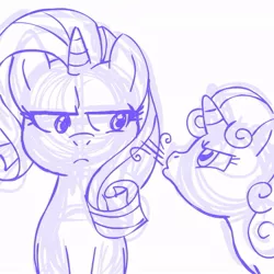 Size: 945x945 | Tagged: source needed, safe, artist:megasweet, derpibooru import, rarity, sweetie belle, pony, unicorn, blowing, female, filly, mare, monochrome, simple background, sisters, unamused, white background, you're doing it wrong
