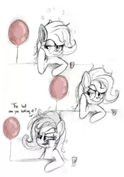 Size: 3672x5253 | Tagged: safe, artist:teknibaal, derpibooru import, pony, balloon, bar, bored, comic, dialogue, drunk, female, hoof on cheek, lidded eyes, looking at something, looking sideways, mare, messy mane, partial color, solo