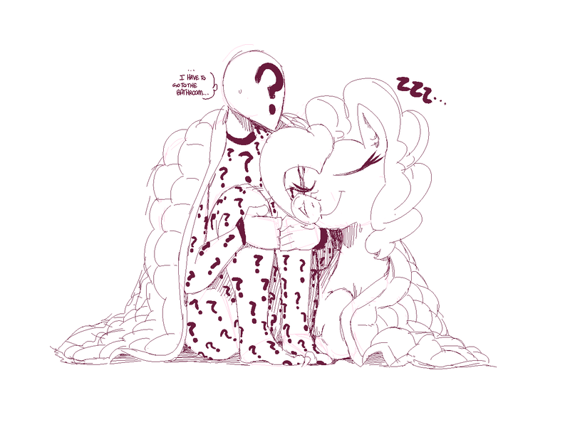 Size: 1400x1050 | Tagged: artist:sunibee, blanket, clothes, cuddling, derpibooru import, duo, footed sleeper, human, monochrome, oc, oc:anon, pajamas, pinkie pie, safe, simple background, sketch, sleeping, snuggling, white background, zzz