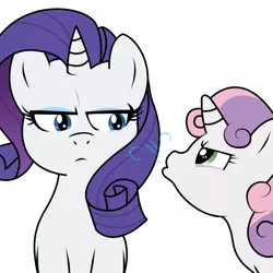 Size: 945x945 | Tagged: dead source, safe, artist:megasweet, artist:wolfnanaki, derpibooru import, rarity, sweetie belle, pony, unicorn, blowing, colored, female, filly, mare, simple background, sisters, white background, you're doing it wrong