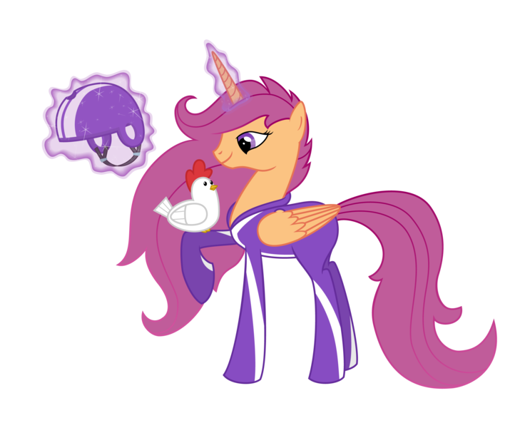 Size: 2658x2146 | Tagged: safe, artist:nianara, derpibooru import, scootaloo, alicorn, chicken, pony, alicornified, clothes, glowing horn, helmet, high res, jumpsuit, levitation, long mane, magic, older, race swap, scootacorn, solo, telekinesis