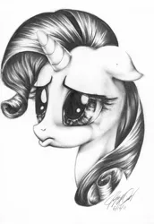 Size: 2189x3173 | Tagged: artist:carlotta-guidicelli, bust, derpibooru import, floppy ears, frown, grayscale, high res, monochrome, pencil drawing, portrait, pouting, rarity, sad, safe, solo, traditional art