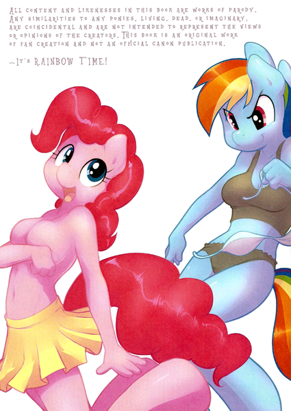 Size: 850x1200 | Tagged: questionable, artist:leche, derpibooru import, pinkie pie, rainbow dash, anthro, assisted exposure, belly button, black underwear, bra, breasts, clothes, clothing theft, covering, crop top bra, featureless breasts, female, frilly underwear, hoofbeat, panties, partial nudity, pinkiedash, shipping, skirt, teasing, topless, underwear, undressing, white underwear