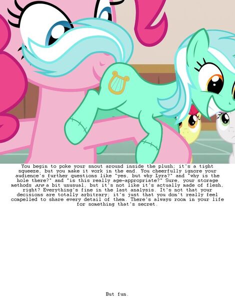 Size: 645x823 | Tagged: suggestive, derpibooru import, lyra heartstrings, pinkie pie, earth pony, pony, female, filly, image, implied analingus, implied oral, implied sex, jpeg, lesbian, lyra plushie, lyrapie, mare, secret butt fun, shipping, text