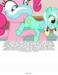 Size: 645x823 | Tagged: suggestive, derpibooru import, lyra heartstrings, pinkie pie, earth pony, pony, female, filly, implied analingus, implied oral, implied sex, lyra plushie, mare, secret butt fun, text