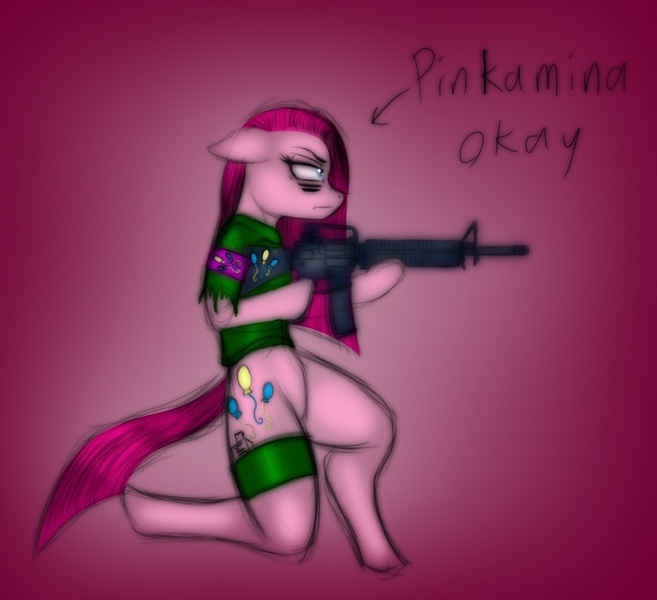 Size: 846x773 | Tagged: semi-grimdark, artist:lil miss jay, derpibooru import, pinkie pie, semi-anthro, badass, bipedal, gun, pinkamena diane pie, this is pinkamina if you don't get it yet, weapon