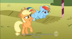 Size: 856x471 | Tagged: applejack, derpibooru import, rainbow dash, safe, screencap, youtube caption