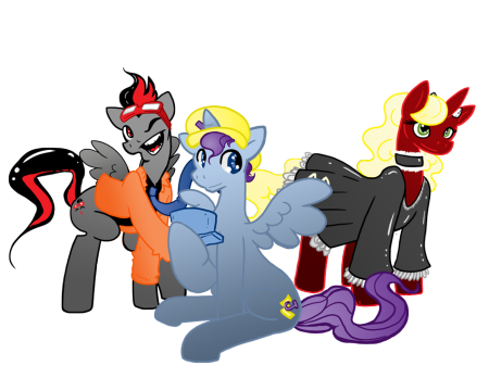 Size: 450x348 | Tagged: safe, derpibooru import, oc, unofficial characters only, alicorn, pegasus, pony, unicorn, 3ds, alicorn oc, choker, clothes, dress, female, hat, male, mare, necktie, one eye closed, open mouth, simple background, sitting, smiling, spread wings, stallion, transparent background, wings, wink