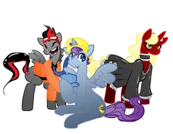 Size: 450x348 | Tagged: safe, derpibooru import, oc, unofficial characters only, alicorn, pegasus, pony, unicorn, 3ds, alicorn oc, choker, clothes, dress, female, hat, male, mare, necktie, one eye closed, open mouth, simple background, sitting, smiling, spread wings, stallion, transparent background, wings, wink