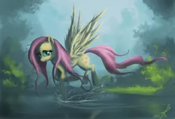 Size: 1754x1200 | Tagged: safe, artist:raikoh, derpibooru import, fluttershy, pegasus, pony, female, flying, mare, photoshop, pond, solo, water, wet mane