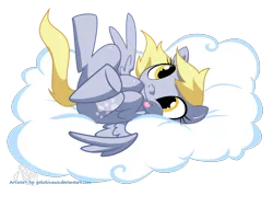 Size: 1430x1080 | Tagged: safe, artist:yokokinawa, derpibooru import, derpy hooves, pegasus, pony, :p, cloud, cute, female, legs in air, looking at you, mare, on back, simple background, smiling, solo, spread wings, tongue out, transparent background