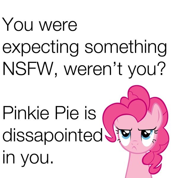 Size: 7920x7920 | Tagged: absurd resolution, derpibooru import, female, mare, nsfw, pinkie pie, pinkie pie is not amused, questionable, solo, spoilered image joke, text, unamused