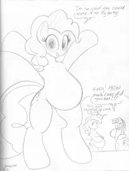 Size: 454x600 | Tagged: safe, artist:badgerben, derpibooru import, pinkie pie, twilight sparkle, pony, semi-anthro, bipedal, dialogue, looking at you, monochrome, open mouth, pregnant, smiling, speech bubble
