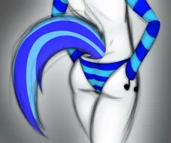 Size: 500x417 | Tagged: suggestive, artist:lil miss jay, derpibooru import, vinyl scratch, anthro, unicorn, ass, butt, butt only, clothes, evening gloves, female, gloves, gray background, long gloves, nudity, panties, simple background, solo, solo female, striped underwear, topless, underwear